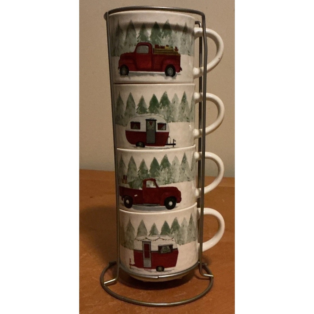 Prima Design Christmas‎ Red Truck And Camper Stacked Coffee Mugs With Rack